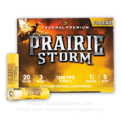 Large image of Premium 20 Gauge Ammo For Sale - 3” 1-1/4oz. #5 Shot Ammunition in Stock by Federal Prairie Storm FS Lead - 25 Rounds