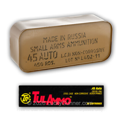 Large image of 45 ACP Ammo For Sale - 230 gr FMJ - 45 Auto Ammunition In Stock by Tula Cartridge Works - 500 Rounds