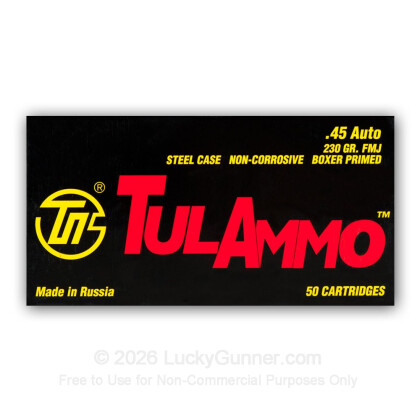 Large image of 45 ACP Ammo For Sale - 230 gr FMJ - 45 Auto Ammunition In Stock by Tula Cartridge Works - 500 Rounds