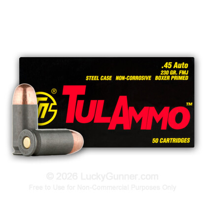 Large image of 45 ACP Ammo For Sale - 230 gr FMJ - 45 Auto Ammunition In Stock by Tula Cartridge Works - 500 Rounds
