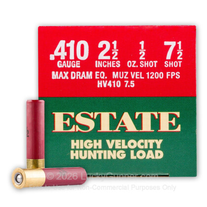 Large image of Premium 410 Gauge Ammo For Sale - 2-1/2" Max Dram 1/2 oz. #7-1/2 Shot Ammunition in Stock by Estate HV Hunting - 25 Rounds