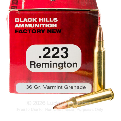 Large image of Bulk .223 Remington Ammo For Sale – 36 grain Barnes Varmint Grenade JHP Ammunition in Stock by Black Hills - 1000 Rounds
