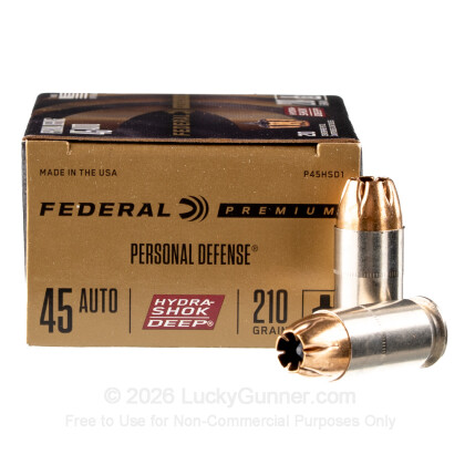 Large image of Premium 45 ACP Ammo For Sale - 210 Grain Jacketed Hollow Point Ammunition in Stock by Federal Hydra-Shok Deep - 20 Rounds