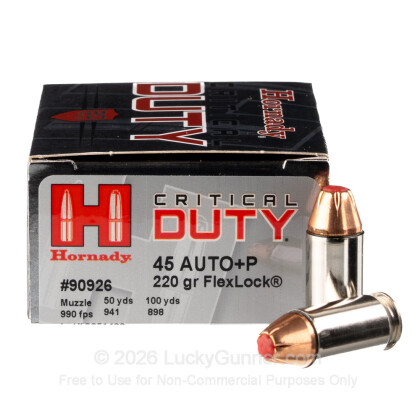 Large image of BULK 45 ACP Defense Ammo For Sale - 220 gr +P JHP FTX Flex-Tip Hornady Critical Duty Ammunition In Stock - 200 Rounds