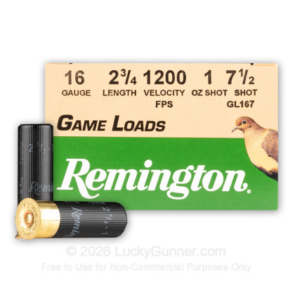 Large image of Cheap 16 Gauge Ammo For Sale - 2-3/4" 1oz. #7.5 Shot Ammunition in Stock by Remington Game Loads - 250 Rounds