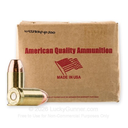 Large image of American Quality Ammunition 45 ACP Ammo For Sale - 230 Grain JHP - 500 Rounds