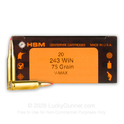 Large image of Premium 243 Ammo For Sale - 75 Grain V-MAX Ammunition in Stock by HSM Varmint - 20 Rounds