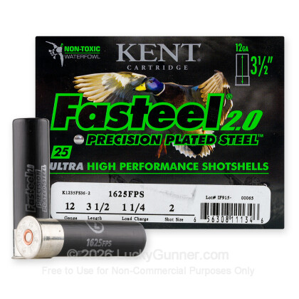 Large image of Premium 12 Gauge Ammo For Sale - 3-1/2 1-1/4oz. #2 Steel Shot Ammunition in Stock by Kent Fasteel 2.0 Precision Plated - 25 Rounds