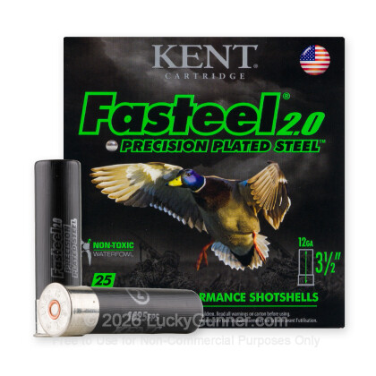 Large image of Premium 12 Gauge Ammo For Sale - 3-1/2 1-1/4oz. #2 Steel Shot Ammunition in Stock by Kent Fasteel 2.0 Precision Plated - 25 Rounds