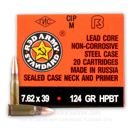 Large image of Cheap 7.62x39mm Ammo For Sale - 124 gr BTHP Ammunition in Stock by Century Arms Red Army Standard - 1000 Rounds