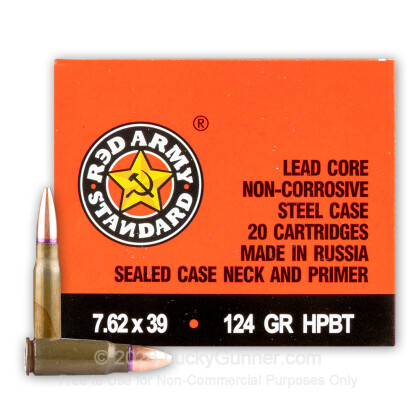 Large image of Cheap 7.62x39mm Ammo For Sale - 124 gr BTHP Ammunition in Stock by Century Arms Red Army Standard - 1000 Rounds