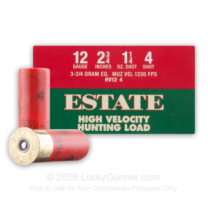 Large image of Cheap 12 Gauge Ammo For Sale - 2-3/4" 3-3/4 Dram 1-1/4 oz. #4 Shot Ammunition in Stock by Estate HV Hunting - 25 Rounds