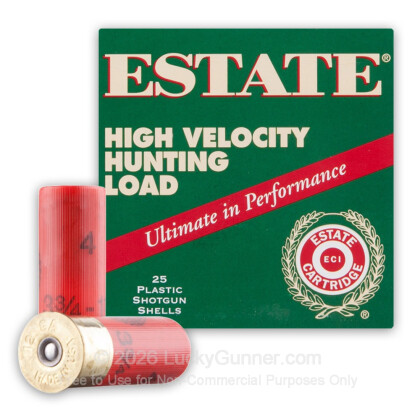 Large image of Cheap 12 Gauge Ammo For Sale - 2-3/4" 3-3/4 Dram 1-1/4 oz. #4 Shot Ammunition in Stock by Estate HV Hunting - 25 Rounds