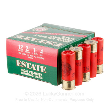 Large image of Cheap 12 Gauge Ammo For Sale - 2-3/4" 3-3/4 Dram 1-1/4 oz. #4 Shot Ammunition in Stock by Estate HV Hunting - 25 Rounds