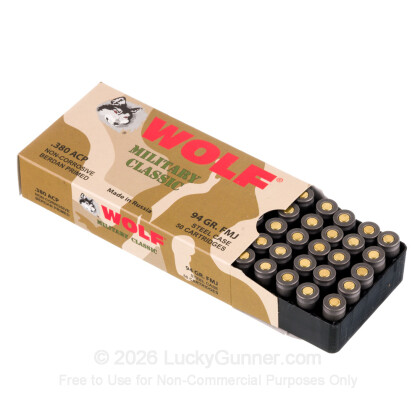 Large image of Cheap 380 ACP Ammo For Sale - 94 Grain FMJ Ammunition in Stock by Wolf Military Classic - 50 Rounds