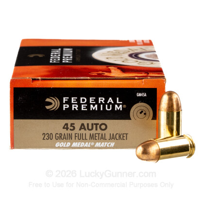 Large image of Match 45 ACP Ammo For Sale - 230 gr FMJ .45 Auto Ammunition In Stock by Federal Gold Medal - 50 Rounds
