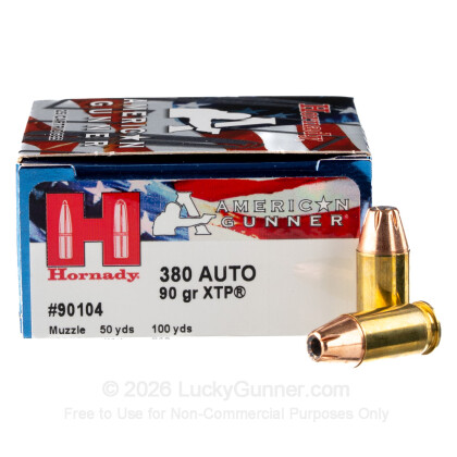 Large image of Bulk 380 Auto Ammo For Sale - 90 Grain XTP JHP Ammunition in Stock by Hornady American Gunner - 250 Rounds