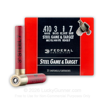 Large image of Premium 410 Gauge Ammo For Sale - 3" 3/8 oz. #7 Shot Ammunition in Stock by Federal Steel Game & Target - 25 Rounds