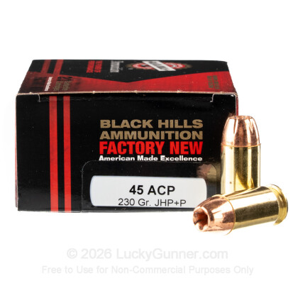 Large image of Premium 45 ACP Ammo For Sale - 230 Grain JHP Ammunition in Stock by Black Hills - 20 Rounds