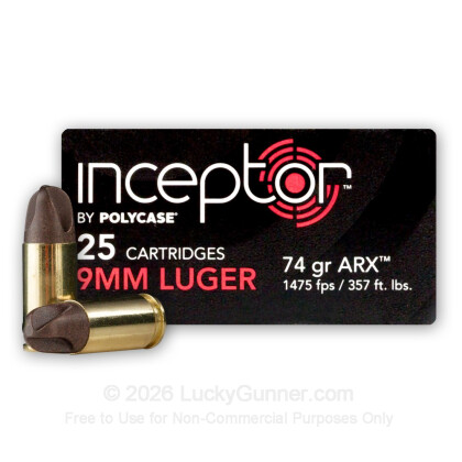 Large image of Premium 9mm Ammo For Sale Online - Polycase Inceptor 74 Grain ARX - 25 Rounds