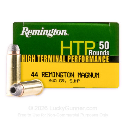 Large image of Premium 44 Mag Ammo For Sale - 240 Grain SJHP Ammunition in Stock by Remington HTP - 50 Rounds