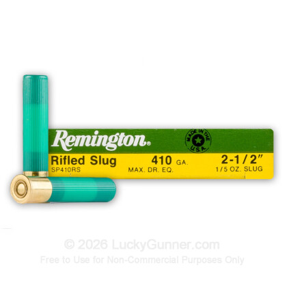 Large image of Cheap 410 Bore Ammo For Sale - 2-1/2" 1/5 oz. Rifled Slug Ammunition in Stock by Remington Slugger - 5 Rounds