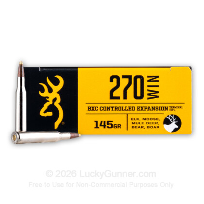 Large image of Premium 270 Ammo For Sale - 145 Grain Controlled Expansion Terminal Tip Ammunition in Stock by Browning BXC - 20 Rounds