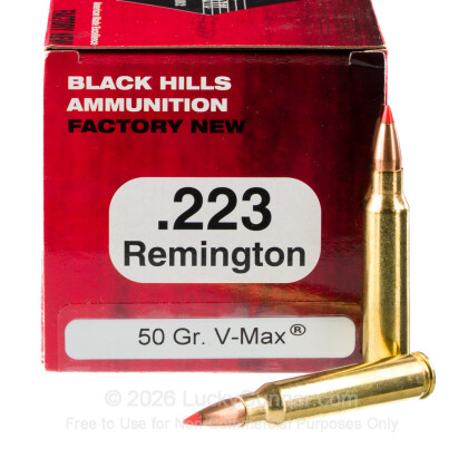 Large image of Premium 223 Rem Ammo For Sale - 50 Grain V-Max Ammunition in Stock by Black Hills Ammunition - 50 Rounds
