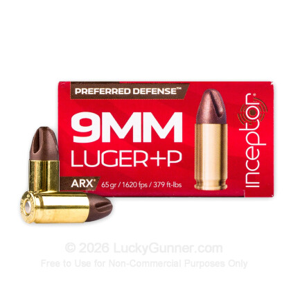 Large image of Premium 9mm Ammo For Sale - +P 65 Grain ARX Ammunition in Stock by PolyCase Inceptor Preferred Defense - 25 Rounds