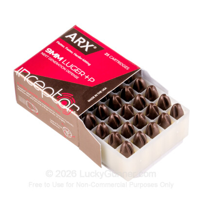 Large image of Premium 9mm Ammo For Sale - +P 65 Grain ARX Ammunition in Stock by PolyCase Inceptor Preferred Defense - 25 Rounds