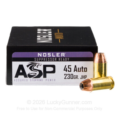 Large image of Premium 45 ACP Ammo For Sale - 230 Grain Jacketed Hollow Point Ammunition in Stock by Nosler - 50 Rounds