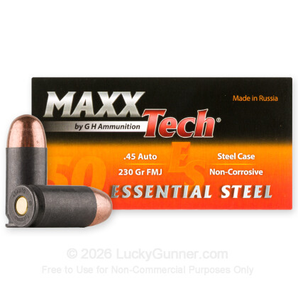 Large image of Cheap 45 ACP Ammo For Sale - 230 Grain FMJ Ammunition in Stock by MAXXTech Essential Steel - 50 Rounds