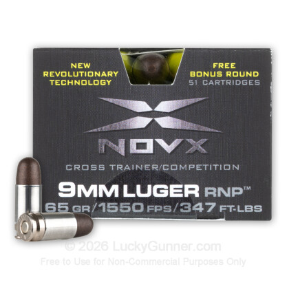 Large image of Premium 9mm Ammo For Sale - 65 Grain Frangible Ammunition in Stock by NovX Cross Trainer/Competition - 51 Rounds