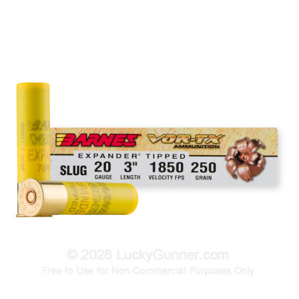 Large image of Premium 20 Gauge Ammo For Sale - 3” 250 Grain Expander Tipped Sabot Slug Ammunition in Stock by Barnes VOR-TX - 5 Rounds