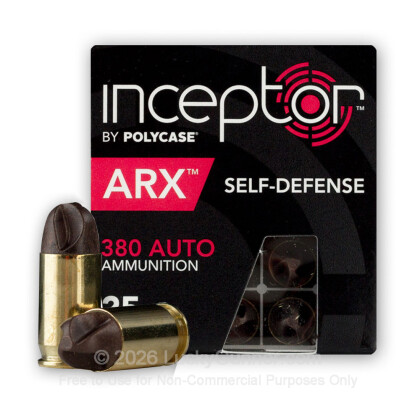 Large image of Premium 380 Auto Ammo For Sale - 56 Grain ARX Ammunition in Stock by Polycase Inceptor - 25 Rounds