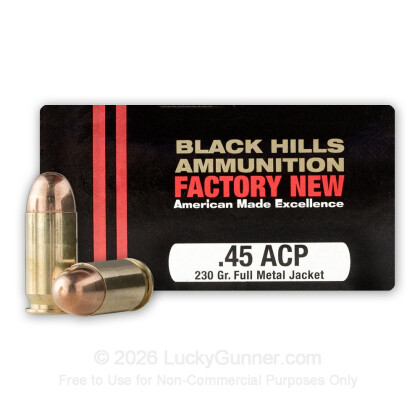 Large image of Cheap 45 ACP Ammo For Sale - 230 Grain FMJ Ammunition in Stock by Black Hills - 20 Rounds