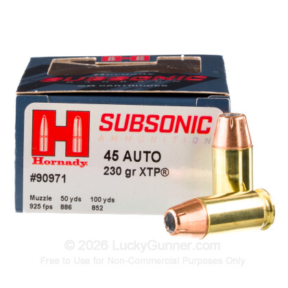 Large image of Premium 45 ACP Ammo For Sale - 230 Grain XTP Ammunition in Stock by Hornady Subsonic - 20 Rounds