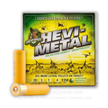 Large image of Premium 20 Gauge Ammo For Sale - 3” 1 oz. #4 Shot Ammunition in Stock by Hevi-Shot - 25 Rounds 