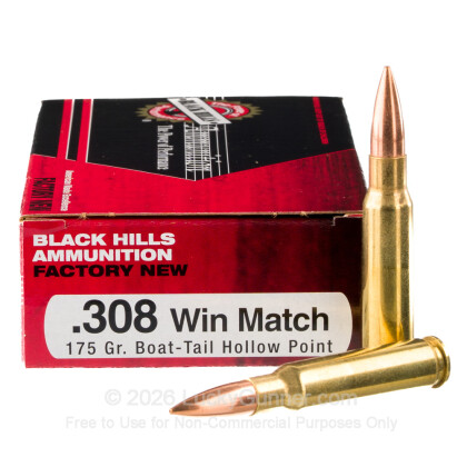 Large image of Premium 308 Win Ammo For Sale - 175 Grain Hollow Point Boat-Tail Ammunition in Stock by Black Hills Match - 20 Rounds