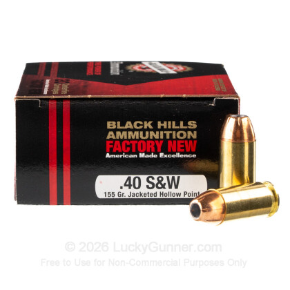 Large image of Premium 40 S&W Ammo For Sale - 155 Grain JHP Ammunition in Stock by Black Hills - 20 Rounds