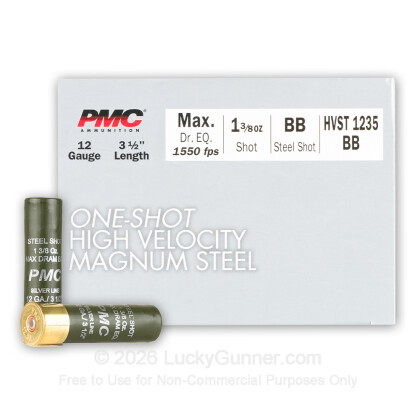 Large image of Cheap 12 Gauge Ammo For Sale - 3-1/2” 1-3/8oz. BB Steel Shot Ammunition in Stock by PMC One-Shot High Velocity - 25 Rounds