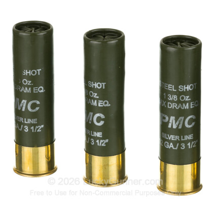 Large image of Cheap 12 Gauge Ammo For Sale - 3-1/2” 1-3/8oz. BB Steel Shot Ammunition in Stock by PMC One-Shot High Velocity - 25 Rounds