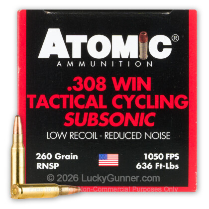 Large image of Premium 308 Ammo For Sale - 260 Grain RNSP Ammunition in Stock by Atomic Tactical Cycling Subsonic - 50 Rounds