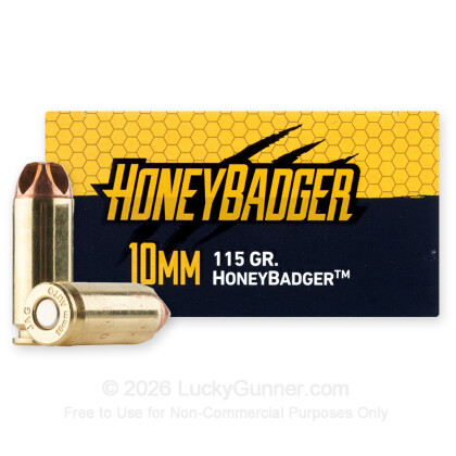 Large image of Premium 10mm Auto Ammo For Sale - 115 Grain HoneyBadger Ammunition in Stock by Black Hills - 20 Rounds