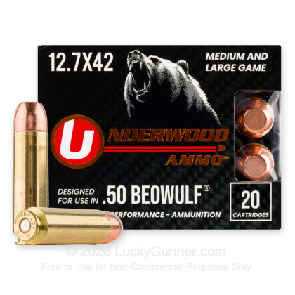 Large image of Premium 50 Beowulf Ammo For Sale - 350 Grain FMJ Ammunition in Stock by Underwood - 20 Rounds