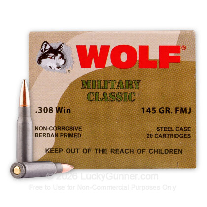 Large image of 308 Winchester 145 grain full metal jacket Wolf WPA Ammo For Sale