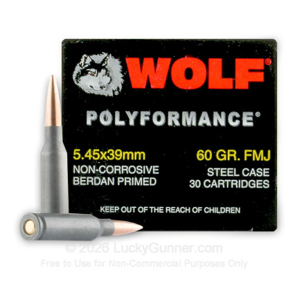 Large image of Cheap 5.45x39mm Ammo For Sale - 60 Grain FMJ Ammunition in Stock by Wolf Polyformance - 30 Rounds