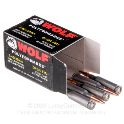 Large image of Cheap 5.45x39mm Ammo For Sale - 60 Grain FMJ Ammunition in Stock by Wolf Polyformance - 30 Rounds