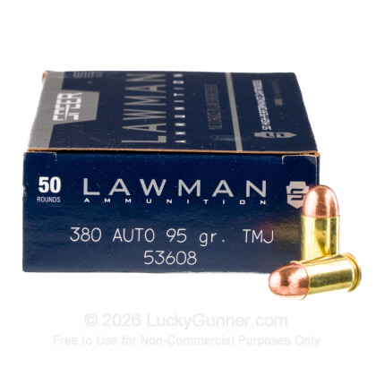 Large image of 380 Auto Ammo In Stock - 95 gr TMJ - 380 ACP Ammunition by Speer Lawman For Sale - 50 Rounds