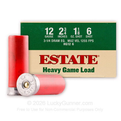 Large image of Cheap 12 Gauge Ammo For Sale - 2 3/4" 1 1/8 oz. #6 Shot Ammunition in Stock by Estate Heavy Game Load - 25 Rounds